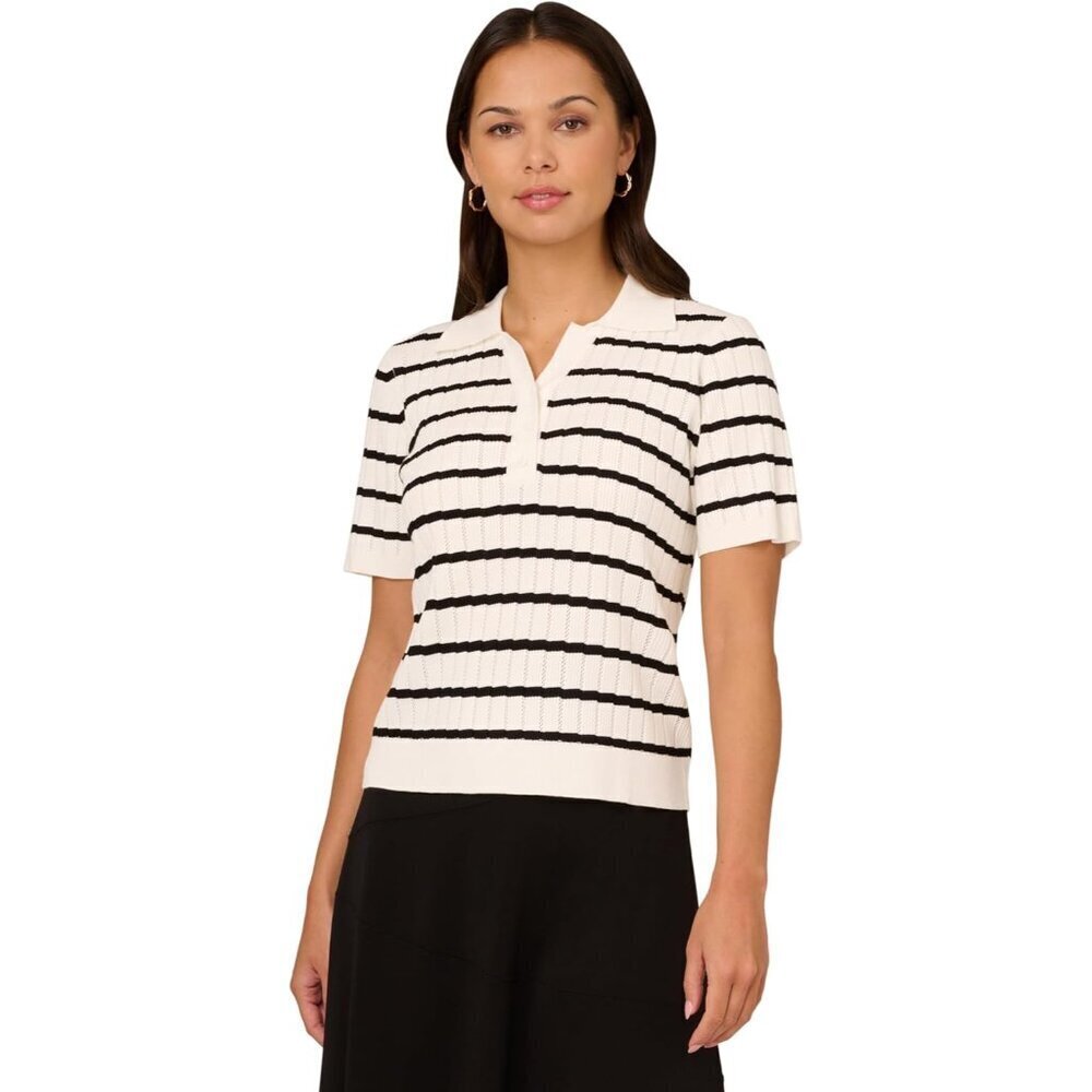 Women's Pointelle Short Sleeve Polo Sweater V-Neck Striped Knit Casual